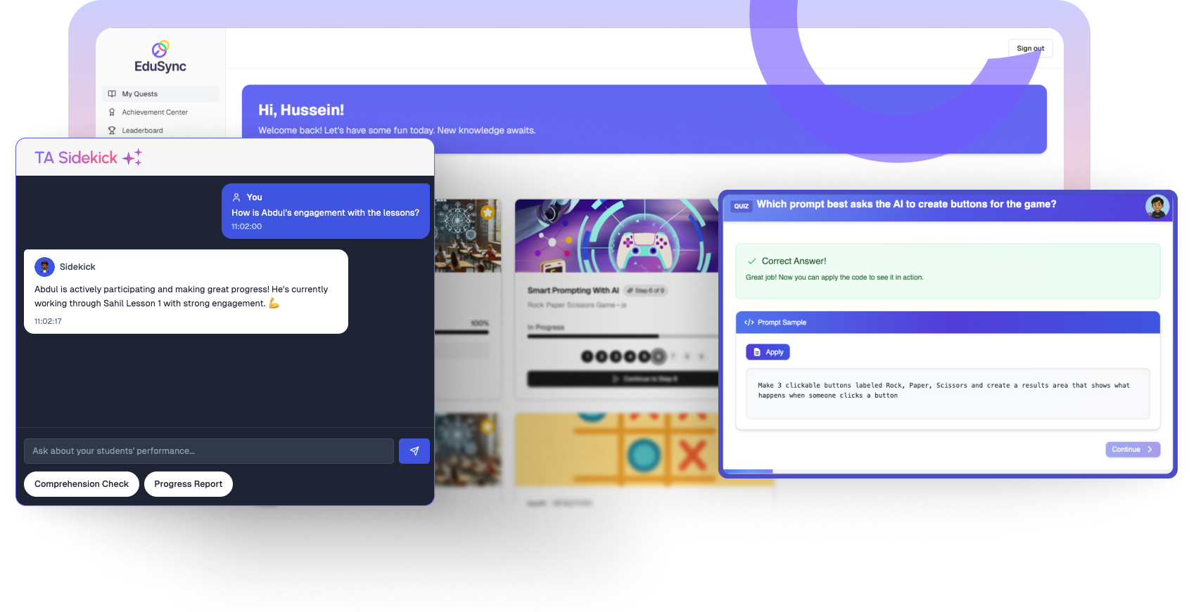 EduSync AI Teaching Assistant dashboard showing gamified learning interface with student progress analytics and ADHD-friendly features